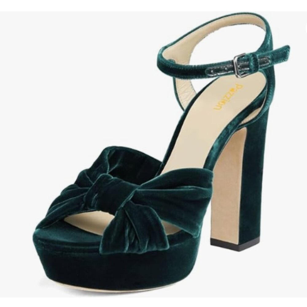 Pazzion Dark Green Platform Open Toe High Block Heel Ankle Strap Buckle Sandal